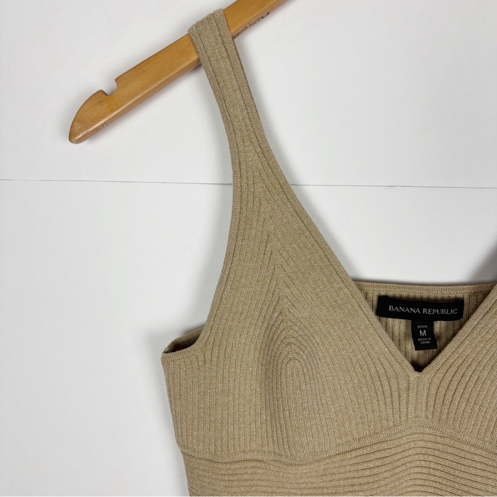 Banana Republic Tank Top Size Petite Medium Tan Gold Metallic Ribbed V Neck New - Picture 3 of 8